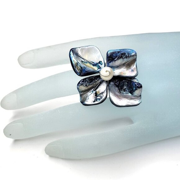 Blue and White Sea Shell Freshwater Pearl Bead Asymmetric Flower Adjustable Ring - Picture 1 of 10